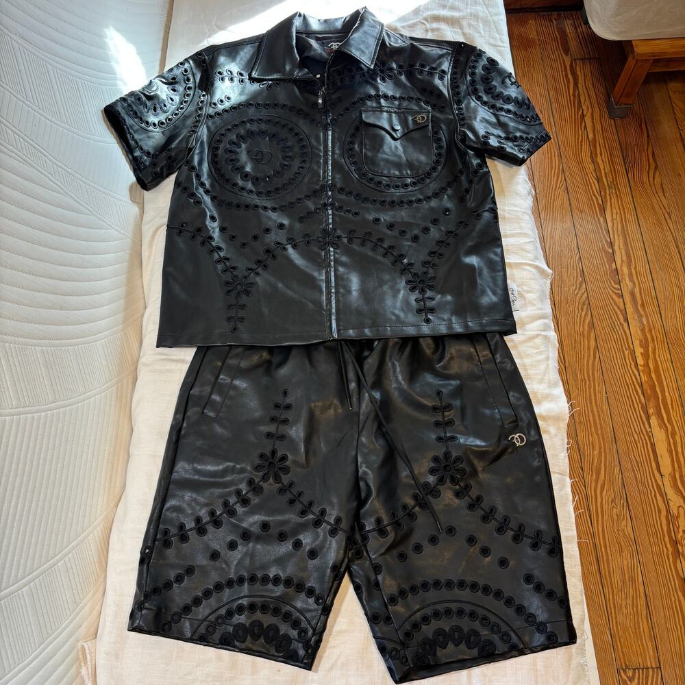 Georgio Peviani Mens L Black Faux Leather Embroidered Shirt Shorts Set
